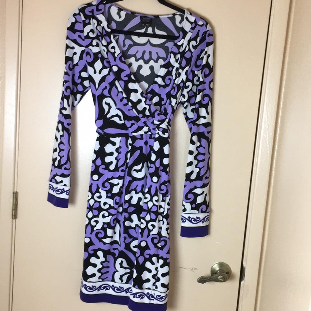 Nicole faux wrap style dress in border print 10
